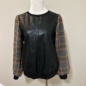 Plaid Sleeve Black Faux Leather Jacket